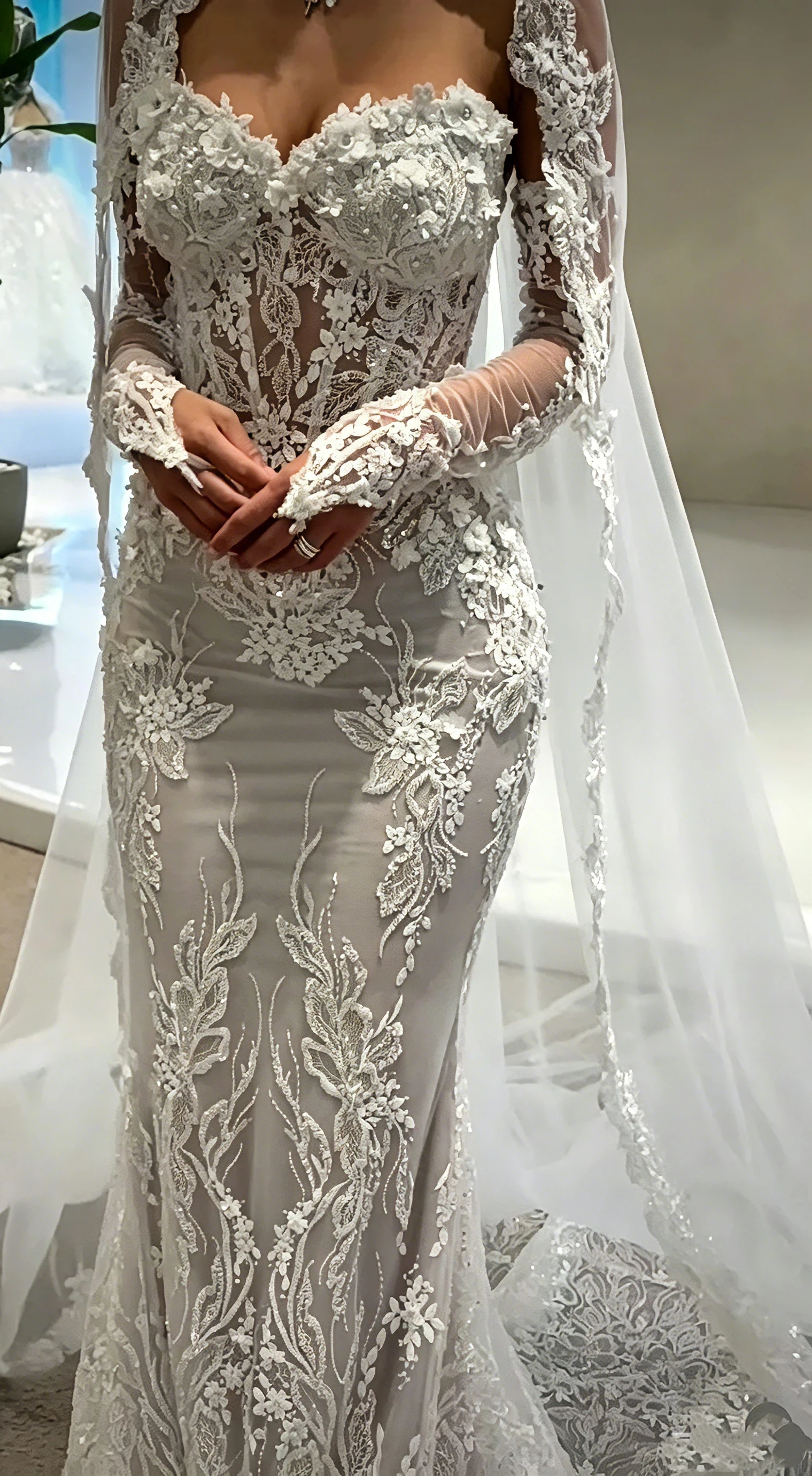 Luxury 3D Floral Lace Mermaid Wedding Dress Sweetheart Long Sheer Sleeve Sparkly Beaded Bridal Gown Vestido De Novia Customized view 4