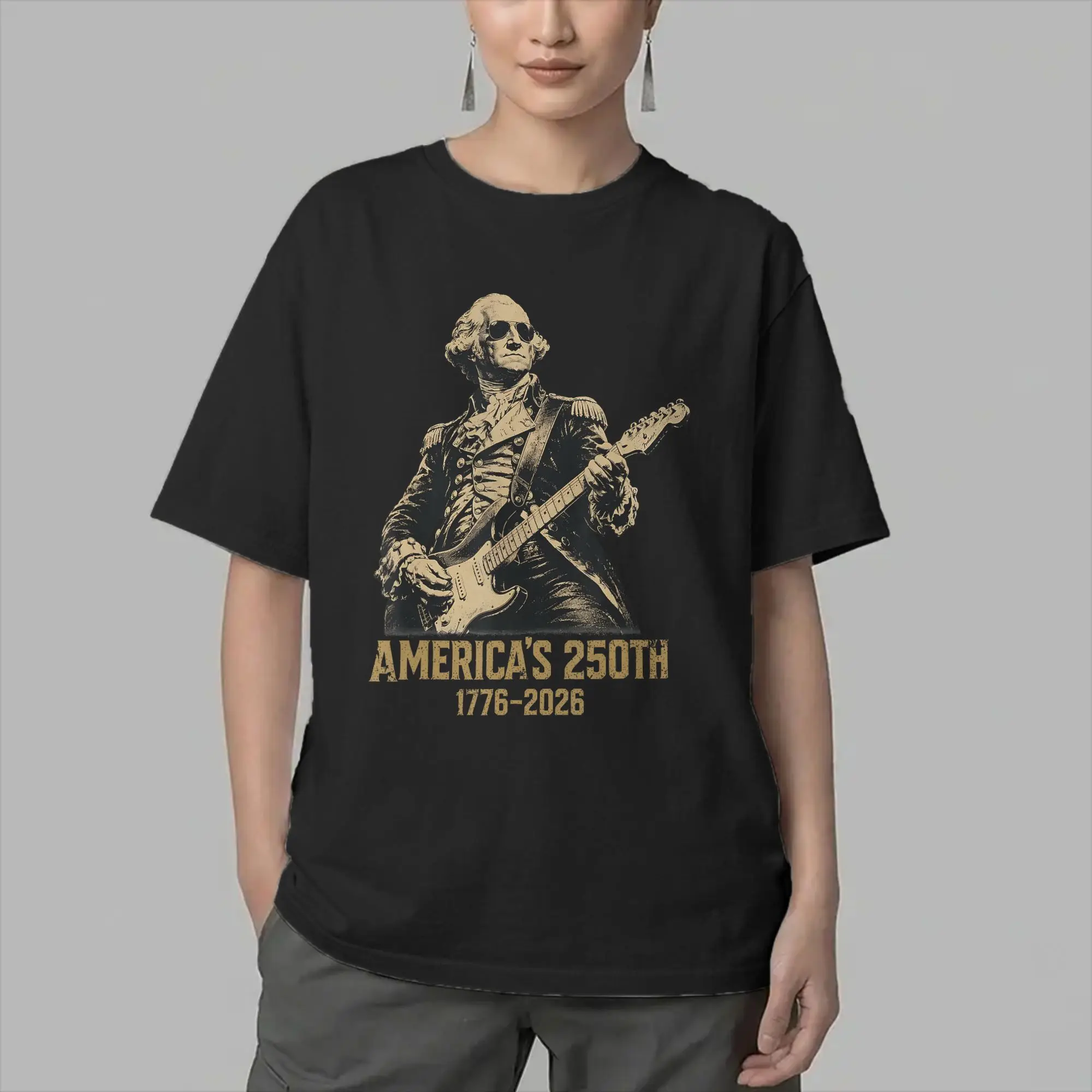 Men's T-Shirts America 250th George Washington Rock Guitar Music 1776 Pure Cotton Tees Short Sleeve  T Shirt O Neck Tops Gift