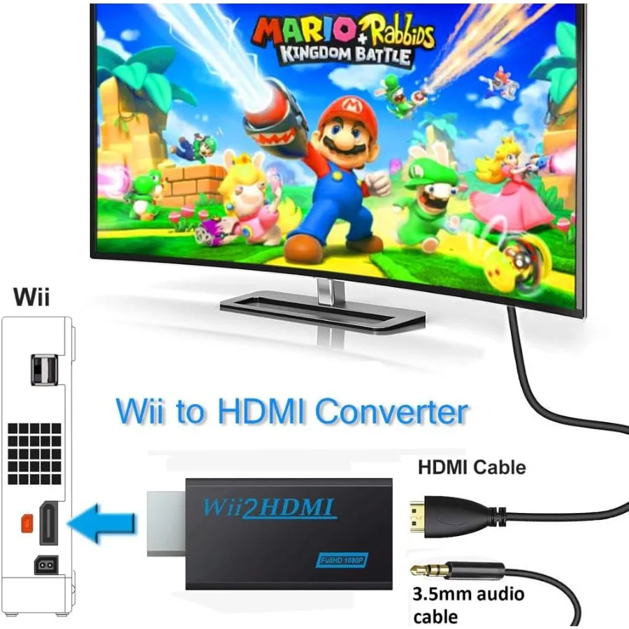 محول LccKaa HD 1080P Wii إلى HDMI متوافق مع محول WII إلى HD مع صوت 3.5 ملم لعرض شاشة HDTV للكمبيوتر مع كابل HD