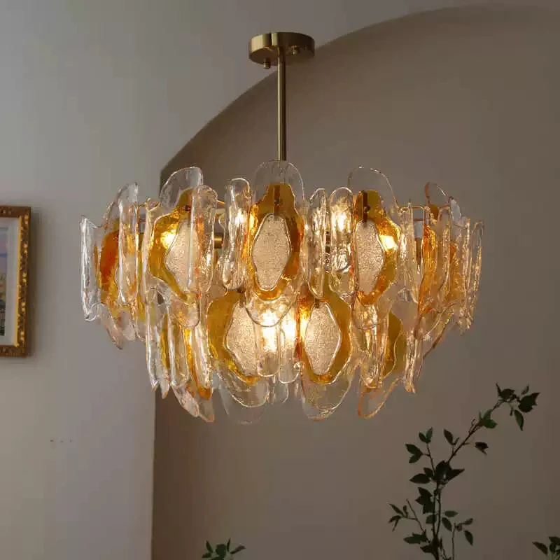 French Amber Textured Glass Chandelier Golden Iron Frame Pendant Light For Living Room Dining Room Bedroom Home Ceiling Lighting