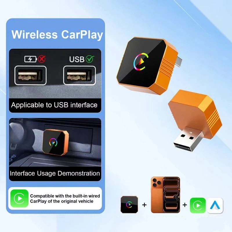 Pro 3.0 Wireless CarPlay Android Auto Adapter 2 In 1 Orange Cube Car Infotainment Box 2026 Plug Play Fast Auto-Reconnect