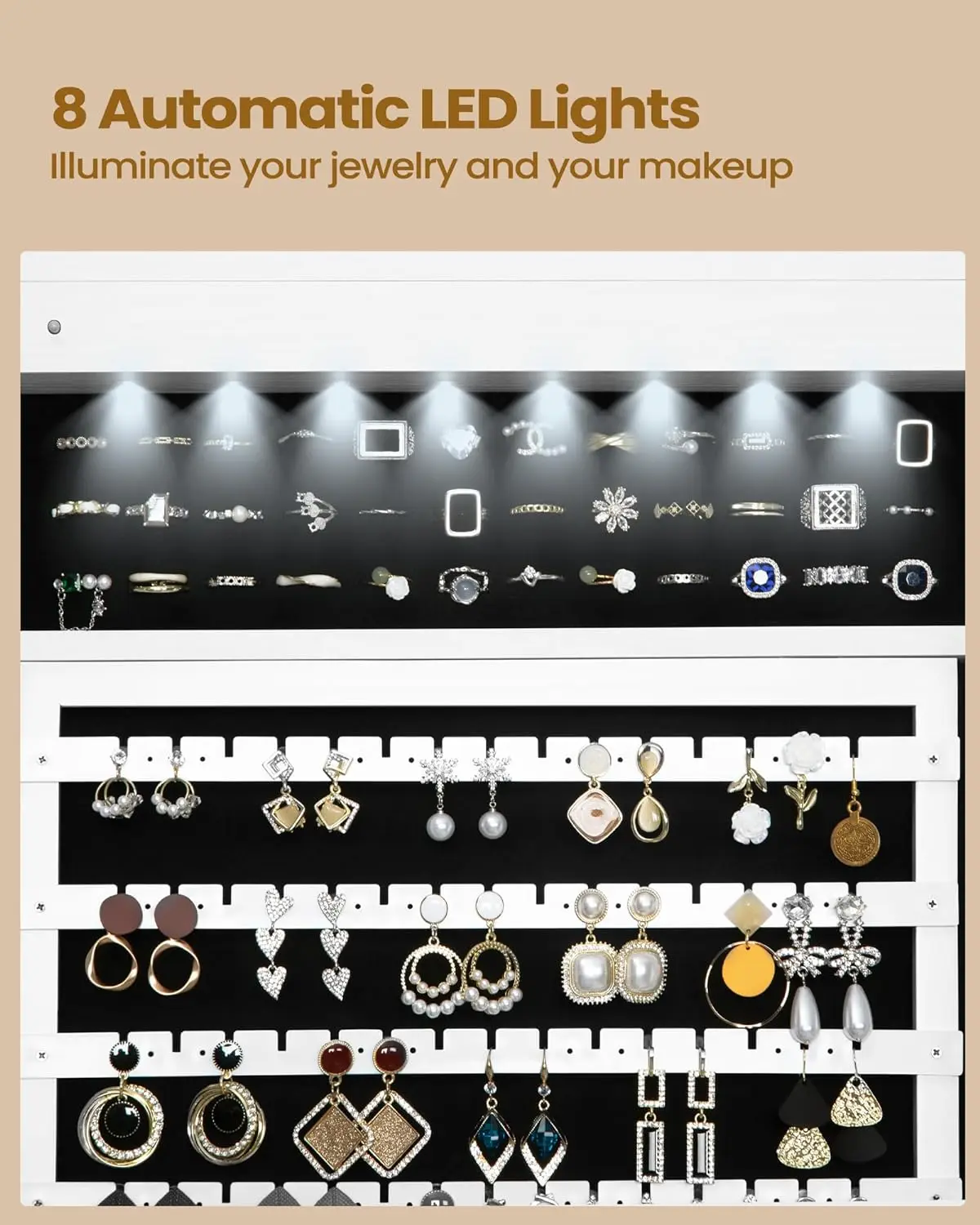 Шкаф для ювелирных изделий с 8 светодиодами, органайзер для ювелирных изделий 64,8 дюйма с 1 вешалкой для одежды, запираемое полноразмерное зеркало с 4 колесами, стеллаж