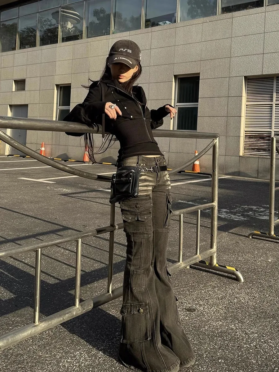 Women's Low Waist Cargo Jeans Black Washed 2000s Y2K Retro Distressed Whiskers Multi-Pocket Bootcut Micro Flare Pants Grunge New