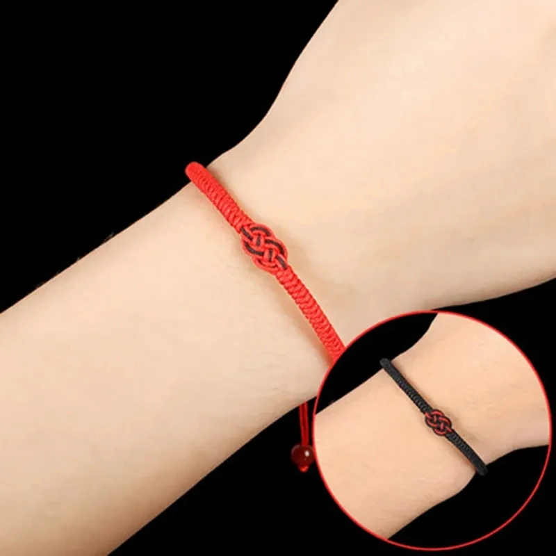 Pulsera trenzada hecha a mano budista tibetana, dije de nudo concéntrico, pulsera de la suerte roja y negra, pulsera de cuerda ajustable para hombres y mujeres