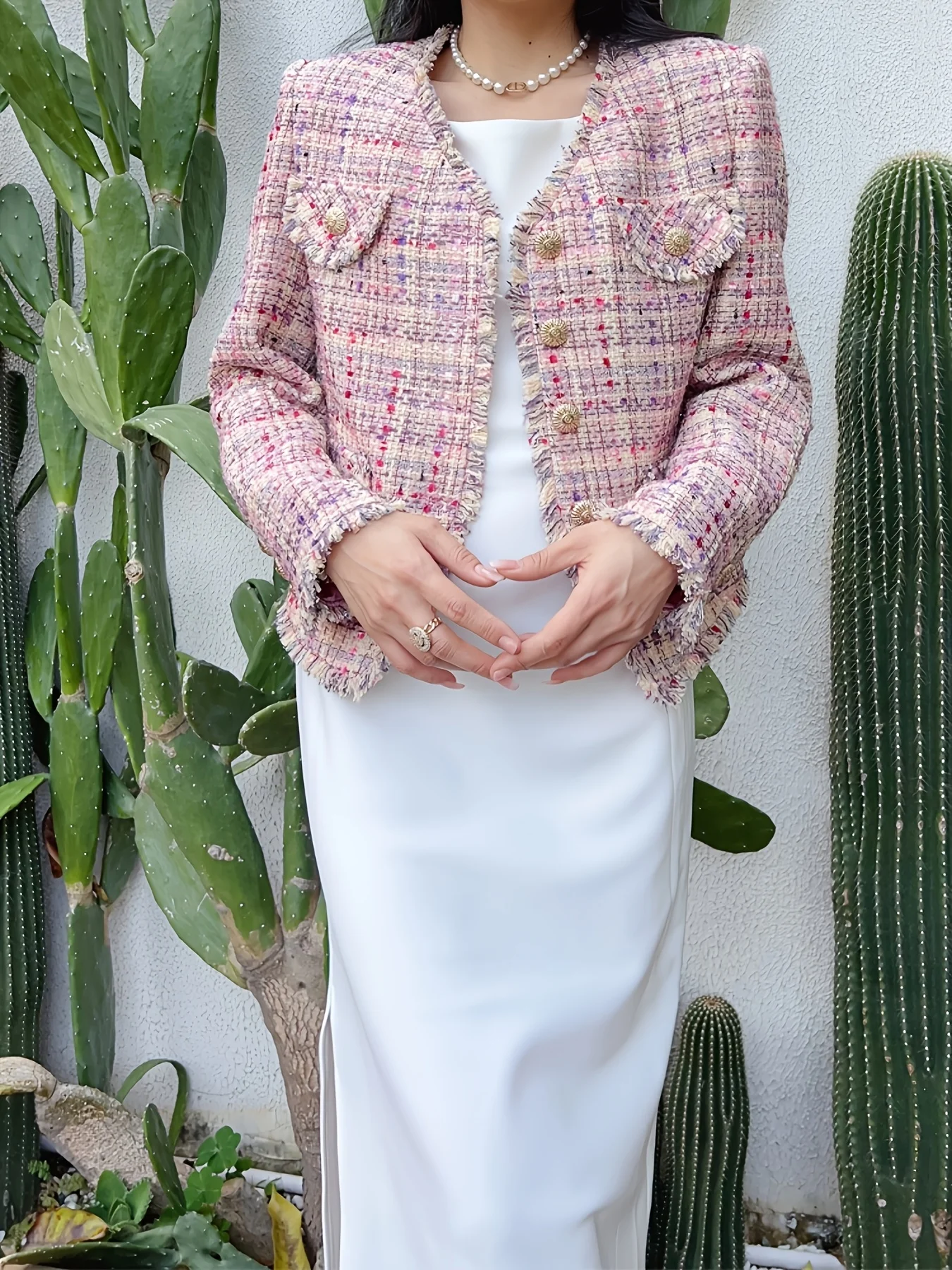 

Women Multicolor Plaid Tweed Jacket Fringe V-Neck Gold Buttons Short Blazer Elegant Casual Coat 28502