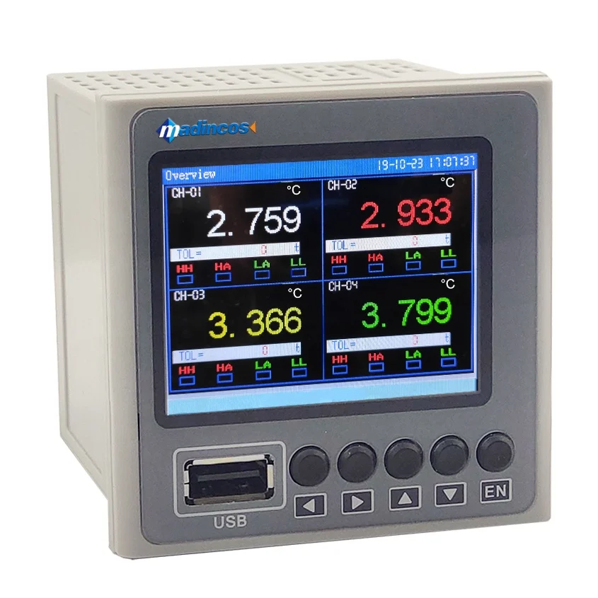 

2025 new MPR400: Mini Universal Digital 4 Channel Color Paperless Recorder Data Logger for Temperature+Pressure+Humidity+FLow