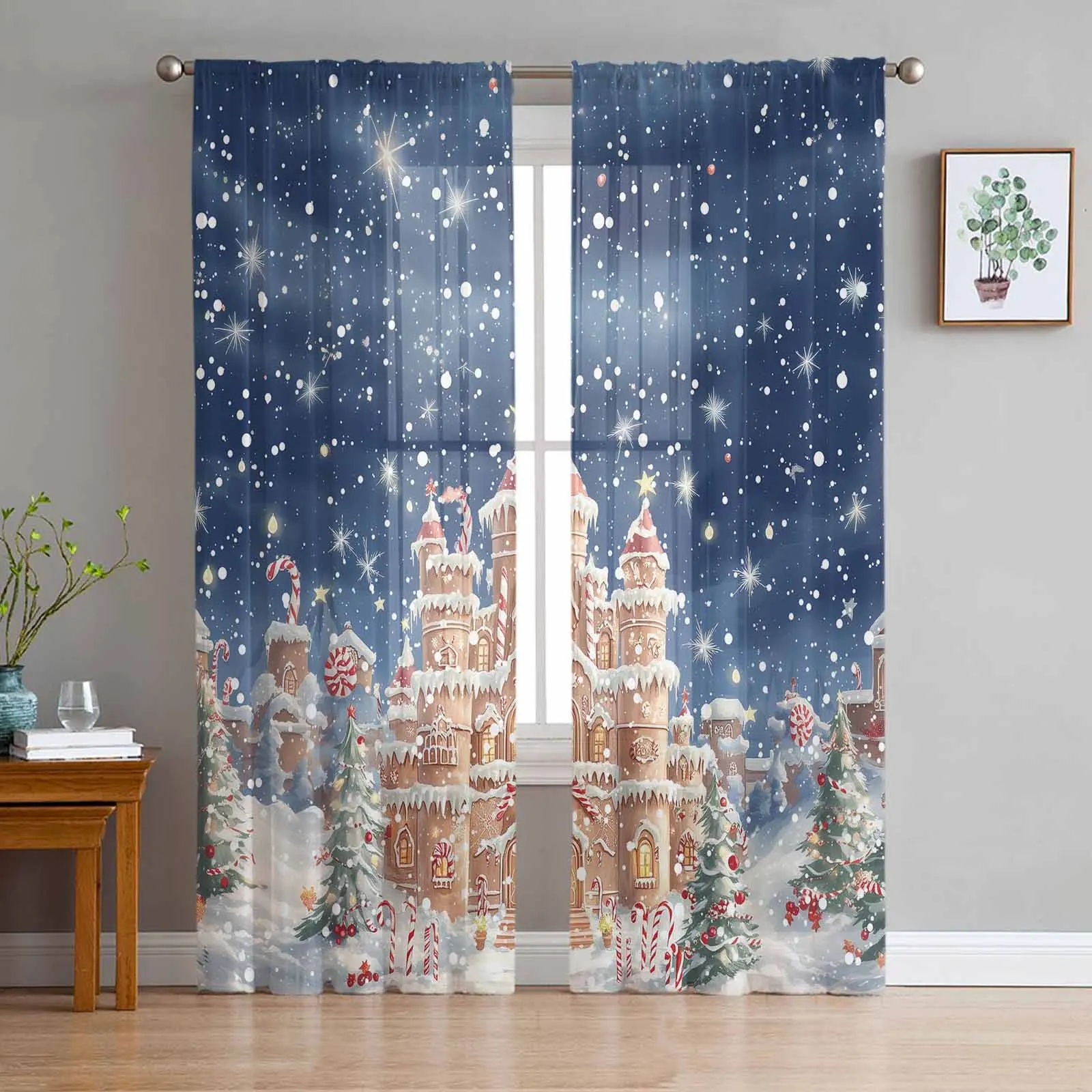 Christmas Candy Gingerbread Curtains For Living Room Bedroom Home Decoration Window Voile Tulle Curtain Drapes