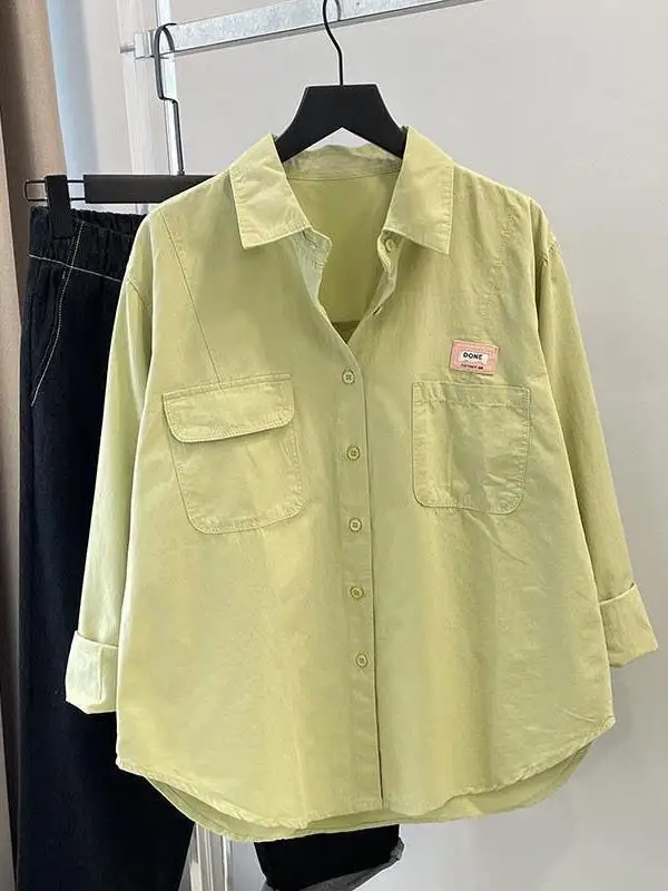 

Light Blue Casual Long Sve Women's irt Loose Cotton New Sle Double ket Collar Classic Pure Color Faion Top