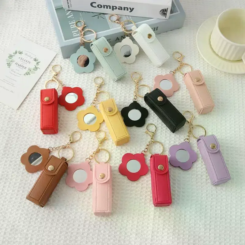 Portable Pu Leather Lipstick Holder Keychain With Flower-Shaped Mirror For Women Girls Handbag Charms Accessory Creative Gift