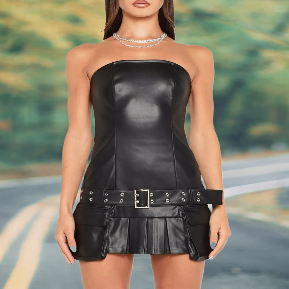 

Women Strapless Tube Top Mini Dress Off Shoulder Bodycon Party Faux Leather Dress With Suspended Belt