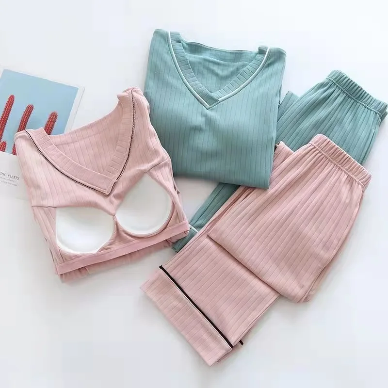 New Spring and Autumn Women\'s Pajamas Set V-Neck Cotton Thread Knitted Long Sleeve Pants Solid casual two-piece home clothes