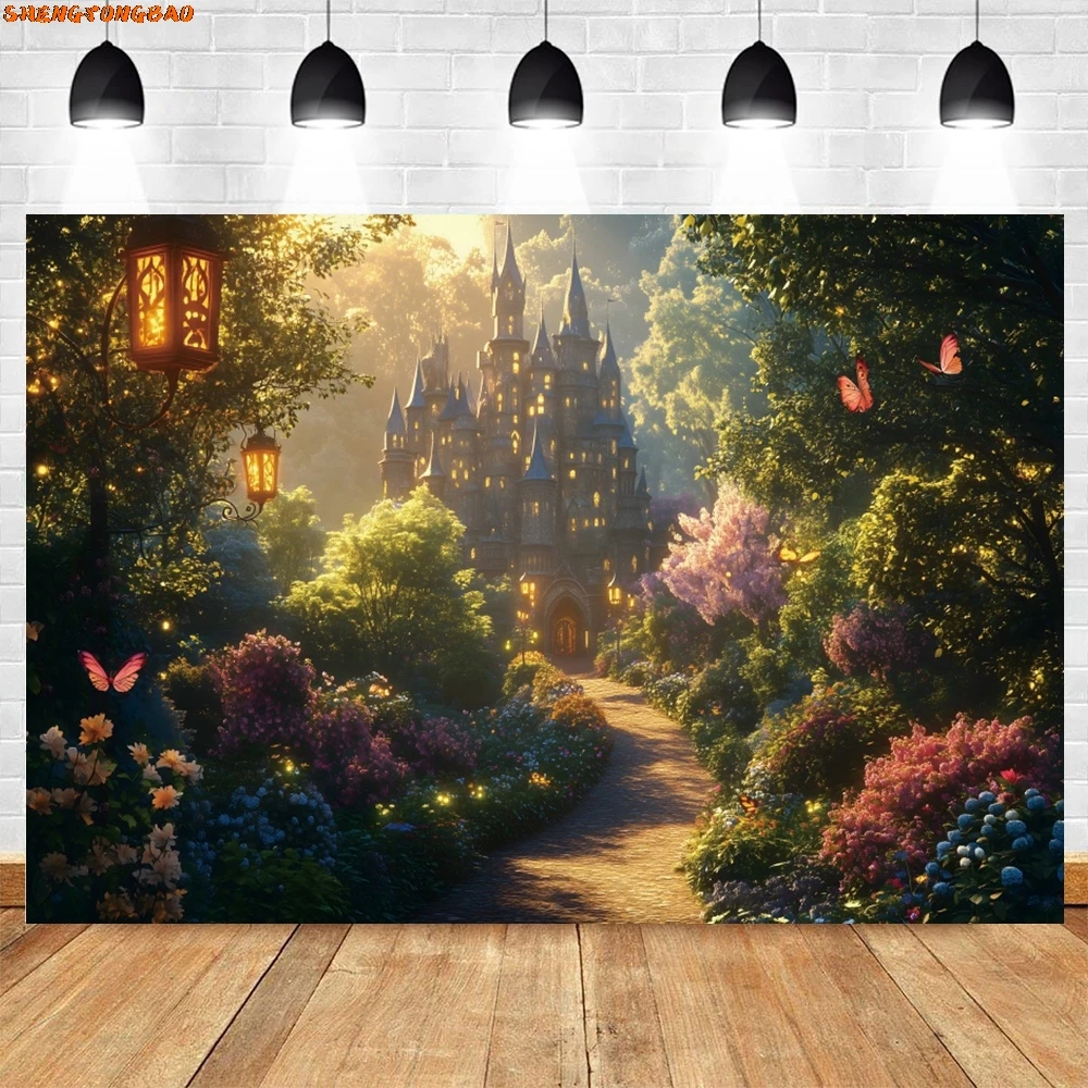 Spring Forest Castle Backdrop Green Trees Plants Butterfly Baby Kids Birthday Party Photography Background Decor Photostudio