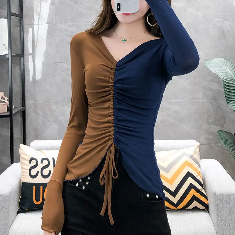 Fashion Asymmetrical Shirring Spliced Folds Bow Lace Up Blouse Female Clothing 2022 Autumn New Casual Pullovers Korean Shirt