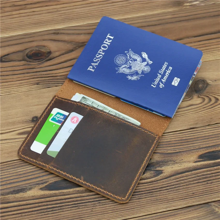 Crazy Horse Leather Passport Cover Women Men Genuine Leather Passport Case Pocket Carry Travel Card Holder Wallet