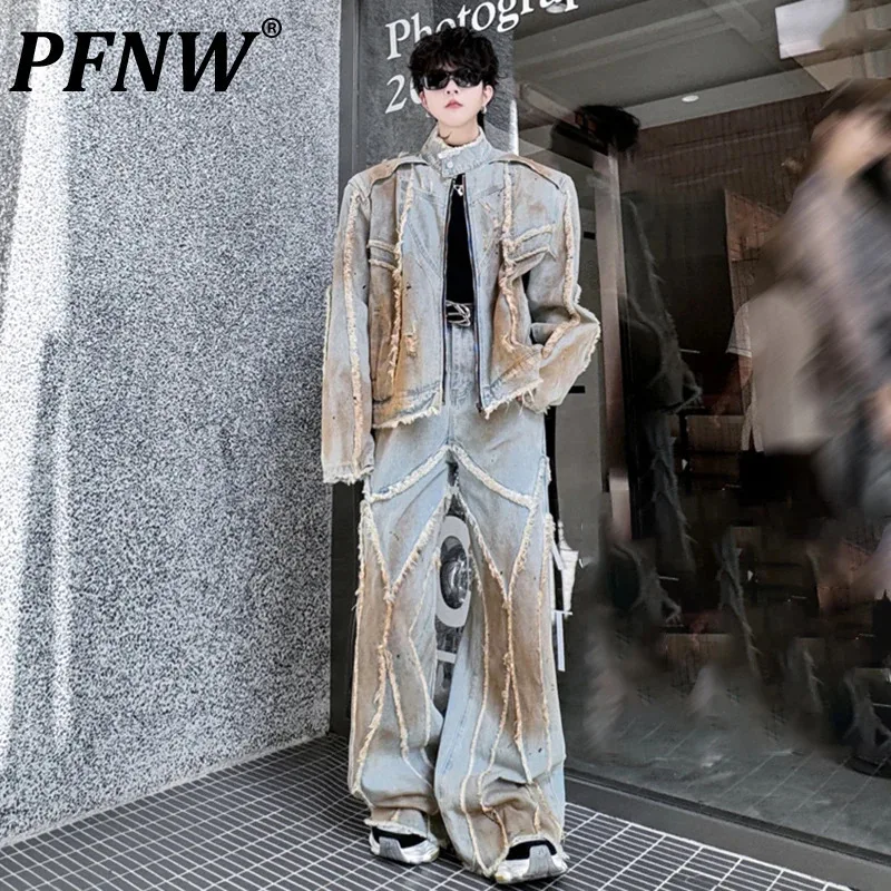 

PFNW Male Set Stand Collar Spray Painted Denim Jacket High Street Rough Edge Wide Leg Jeans Men's Streetwear 2024 Autumn 28W4798