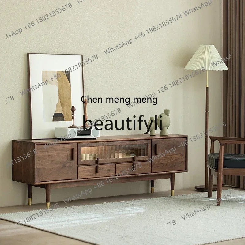 N178   A North American black walnut TV cabinet all solid wood brass feet living room simple small apartment floor cabinet fu