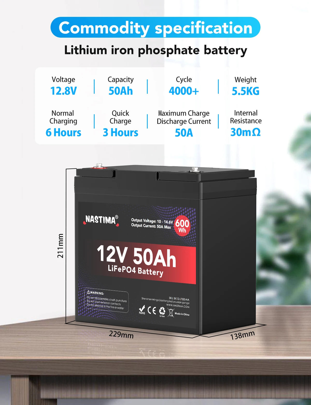 بطارية ليثيوم فوسفات الحديد 12 فولت 50 أمبير/ساعة 600 وات/ساعة مع نظام BMS للتخييم RV نظام شمسي UPS غير منقطعة