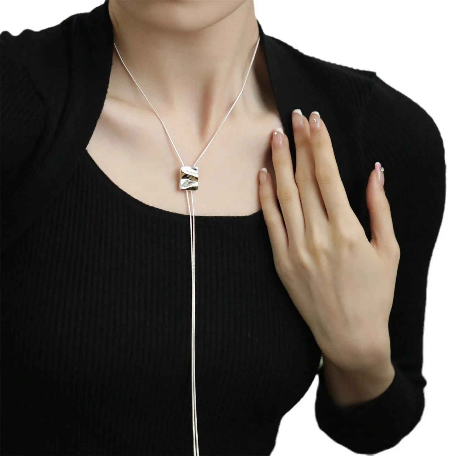 قلادة مربعة قابلة للسحب، تصميم متخصص، سلسلة سترة عصرية ومتعددة الاستخدامات، قلادة طويلة. #4