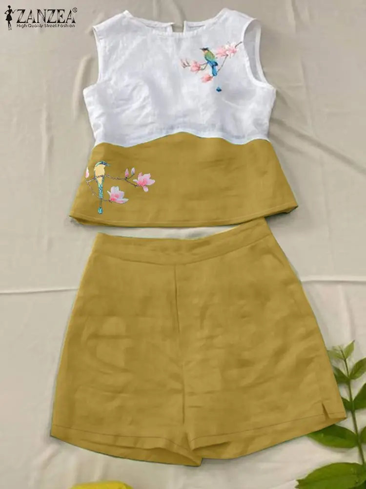 Zanzea Vintage Frauen kurze Sets 2 Stück Mode Blumen Strand hose Anzüge ärmellose Patchwork Tops lässig Urlaub Trainings anzug Outfits
