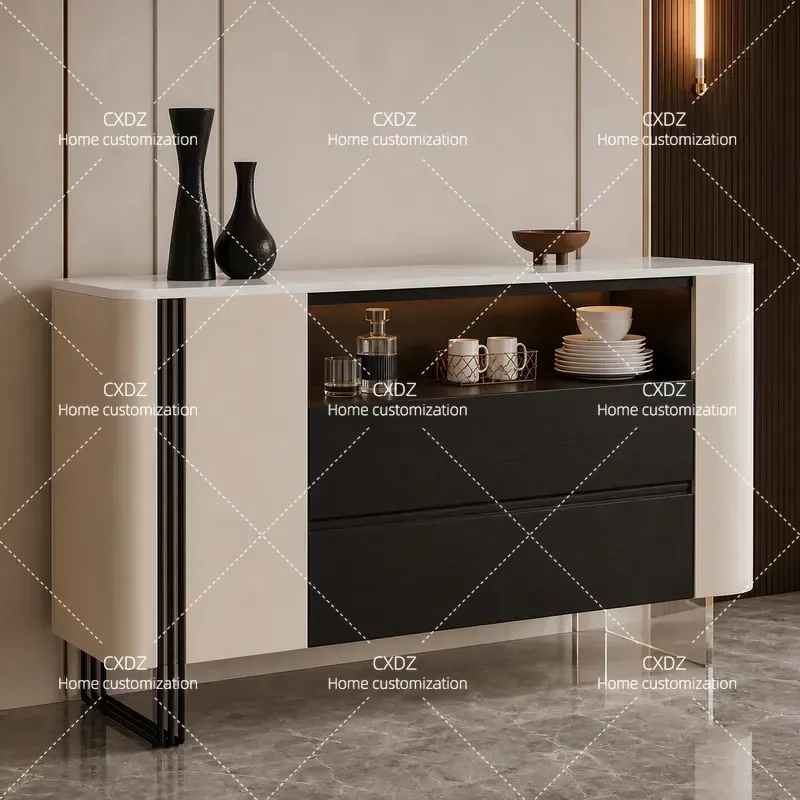 Italian light luxury microcrystalline rock slab dining side cabinet, modern simple living room dining room locker, solid wood