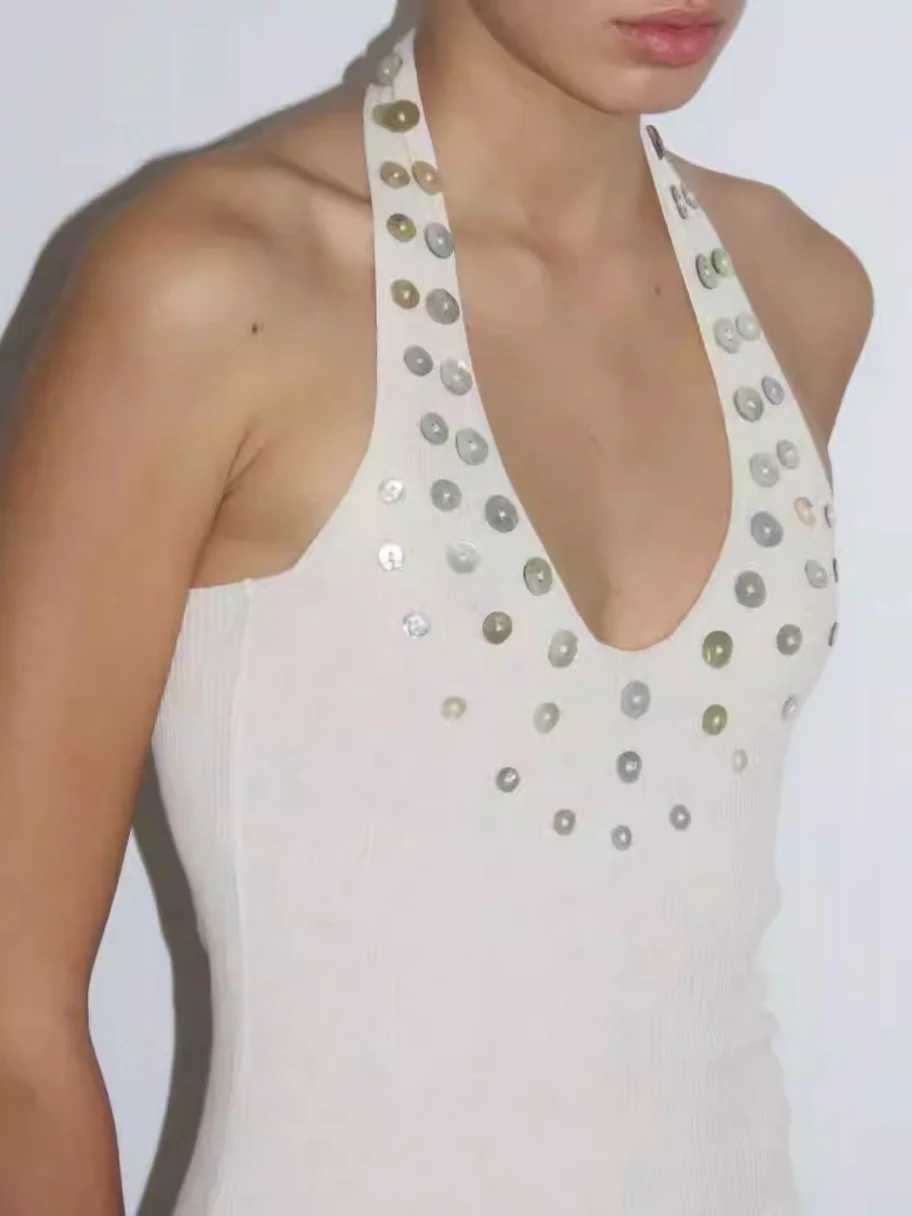 

Женский вязаный жилет Paloma Wool с декоративным дизайном, пайетками и нерегулярным узором, стандартной длины, однотонный