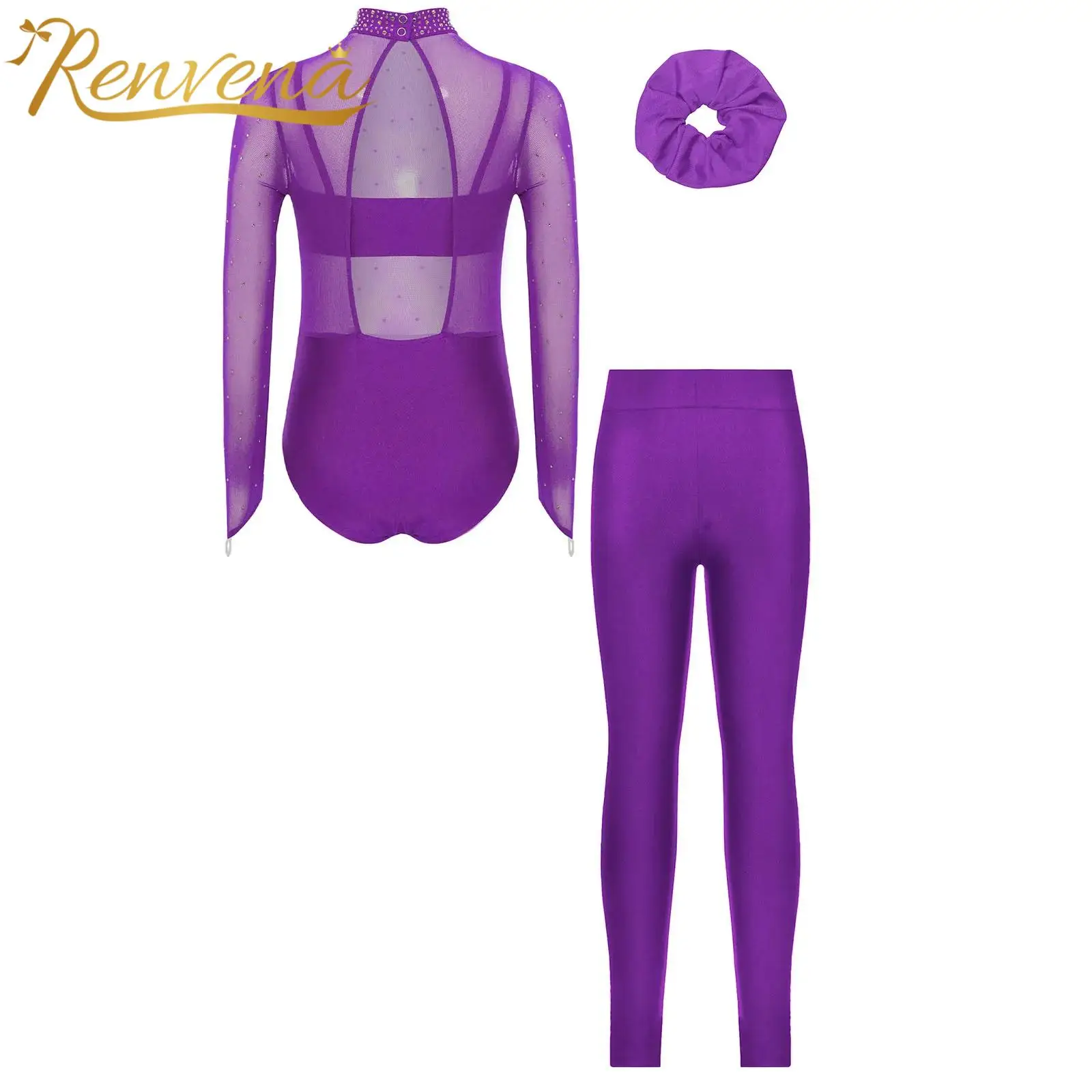 Kids Girls Sheer Mesh Ballet Dance Leotard Jumpsuits Dancewear Sets Rhythmic Gymnastics Dance Outfits Figure Skating Costume