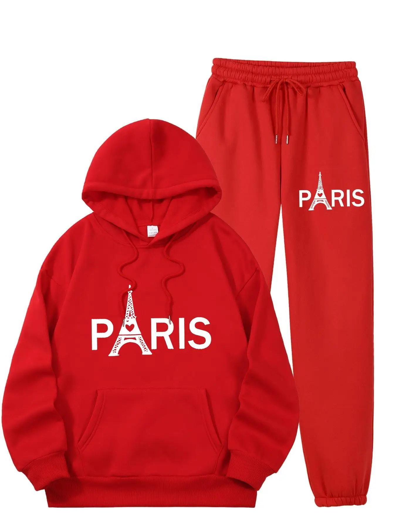 Ladies Paris Eiffel Tower Printed 2Pcs Tracksuit Casual Sport Outfit Fashion Hoodie With Kangaroo Pocket Sweatshirt Pants Set