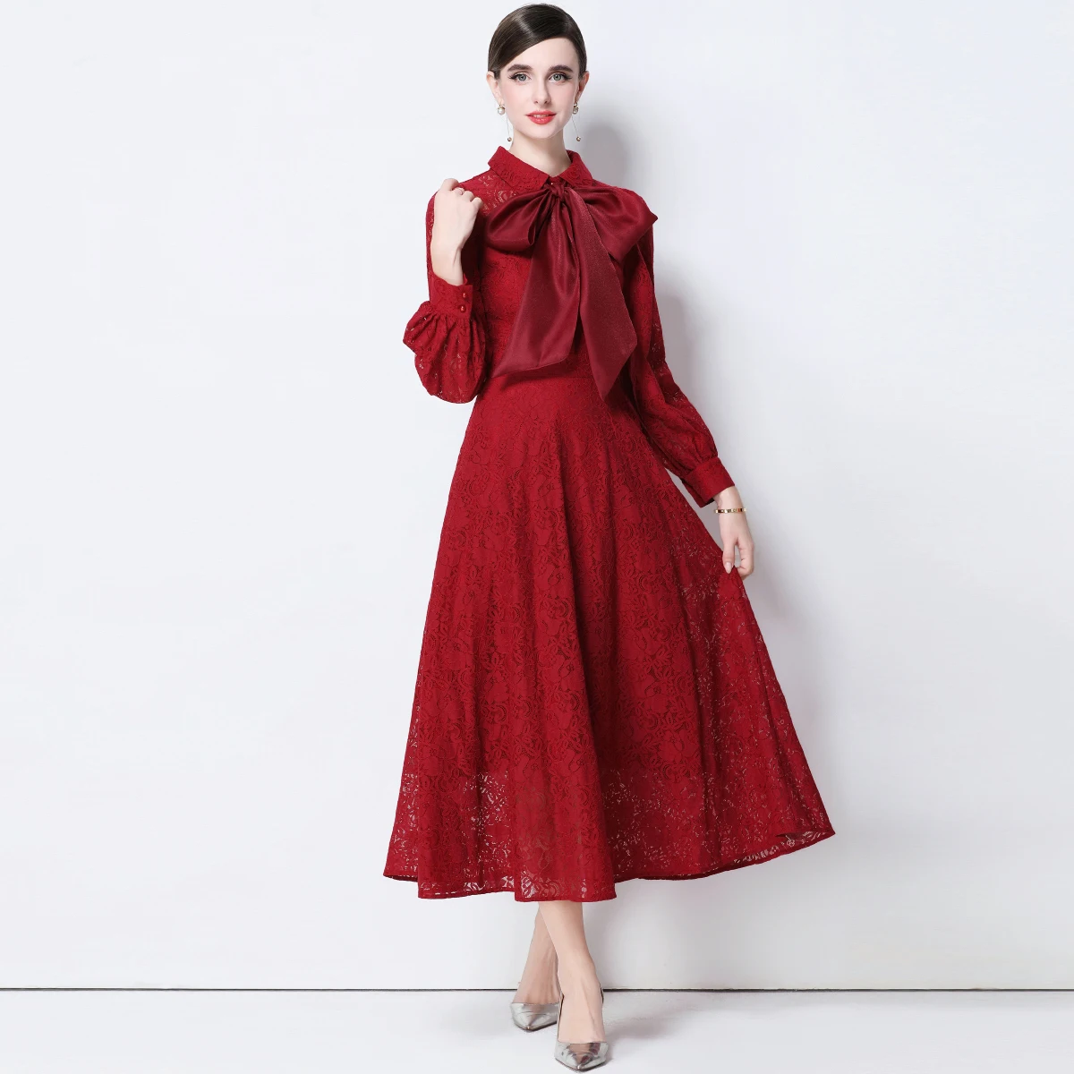 Vestido de fiesta bordado de encaje Vintage para mujer, vestido largo ajustado elegante de manga larga con cuello de lazo, ropa femenina de otoño