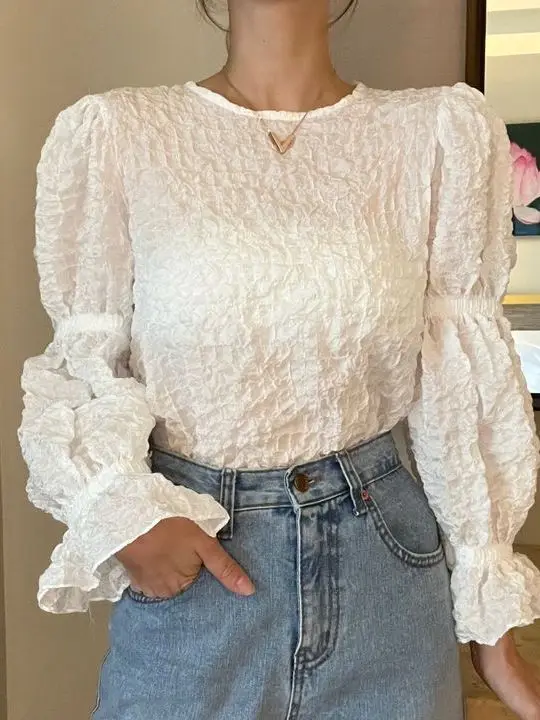 

Chic Spring Women's Shirt round Neck Lantern Sleeve Sun Protection Bubble Pleated French Style Loose Fit Lace Snowflake Top