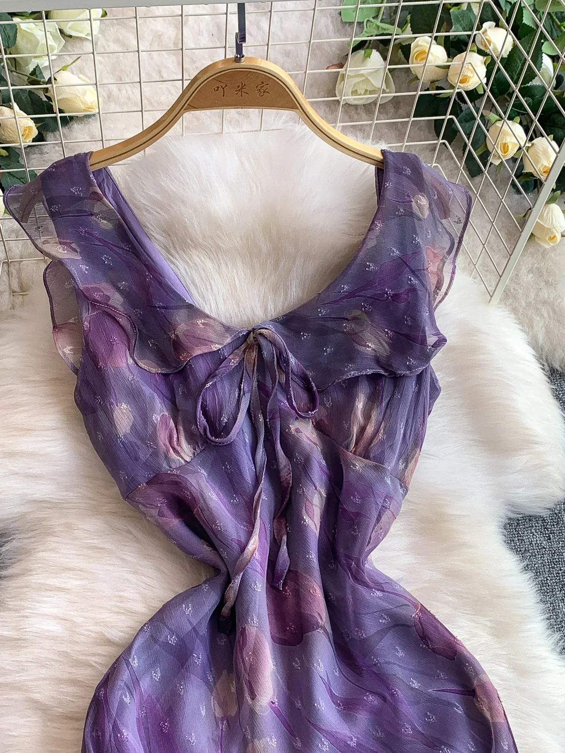 Sommer Vaion Lila Blumendruck V-ne Dr Damen Ele Taillierender langer A-Linien-Rock Korean Sle Pendeln