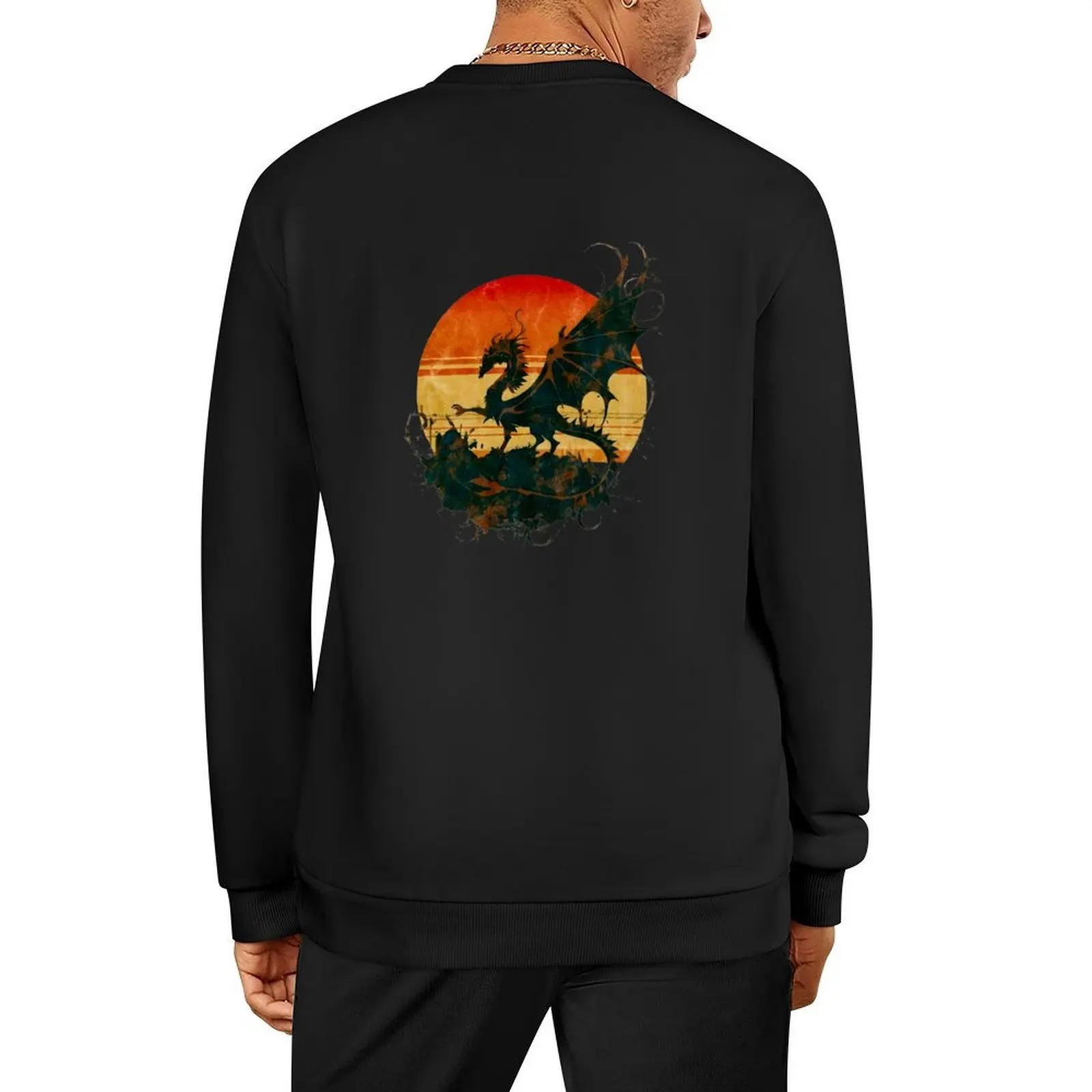 Aged Majesty: Dragon Silhouette in Vintage Twilight Pullover korean autumn clothes blouse aesthetic clothing sweatshirts for men