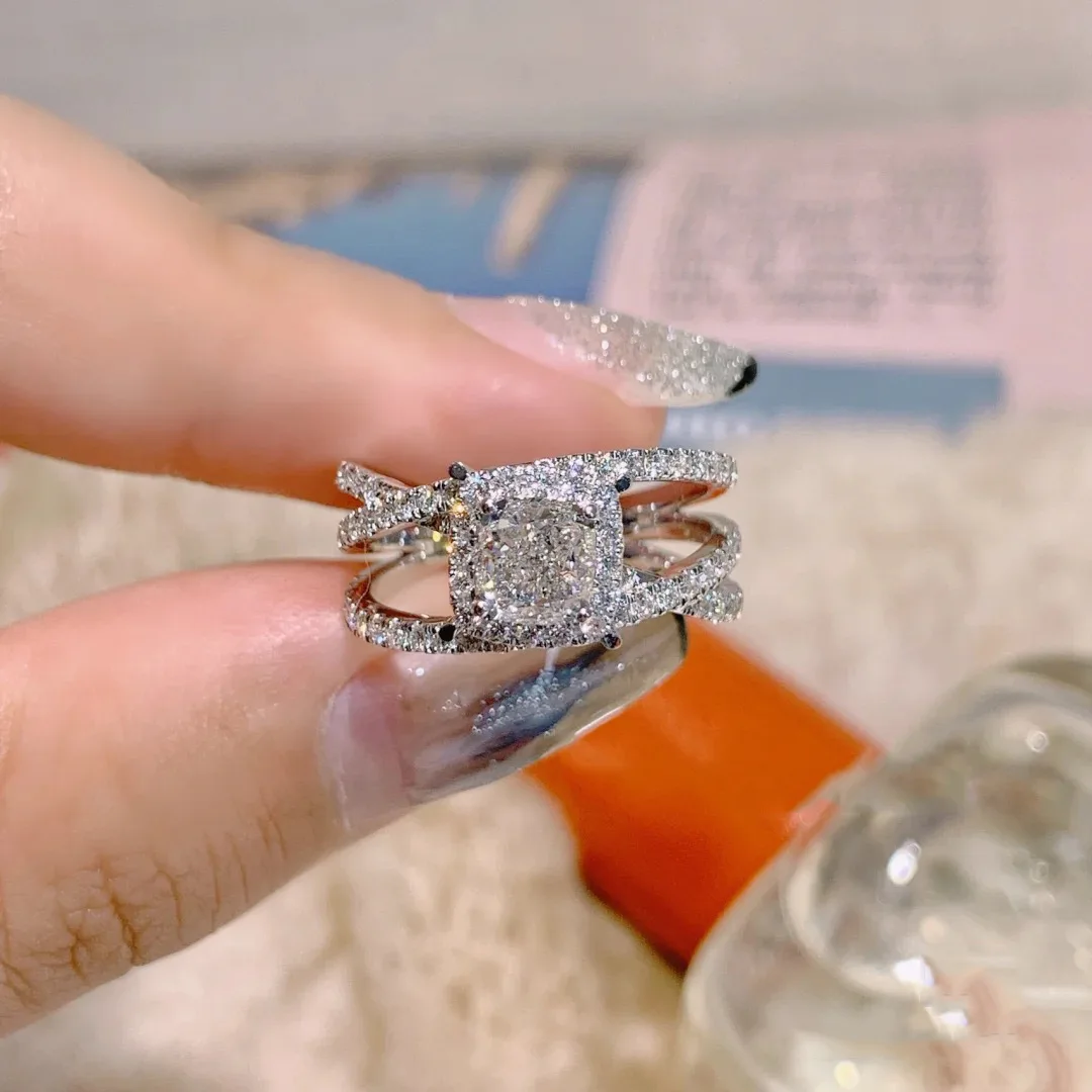 

New in intersection silver 925 inlay diamonds hollow out square ring female fashion and luxury rings for women wedding jewelry