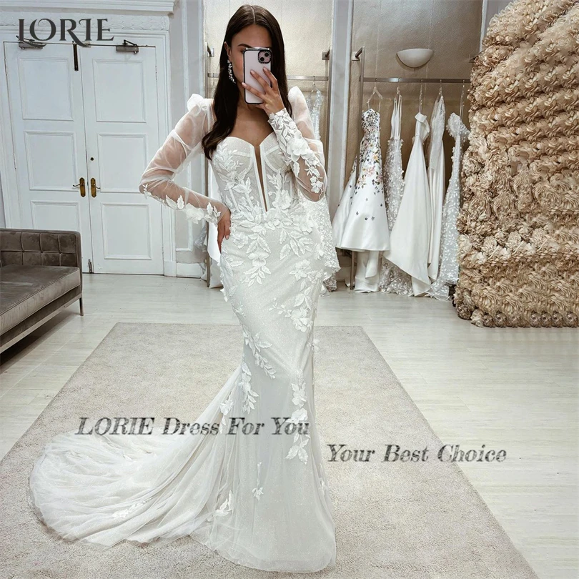 LORIE Vintage Lace Mermaid Wedding Dresses V-Neck Appliques Cap Sleeves Bridal Gowns 3D Flowers Brush Train Bride Dress 2024