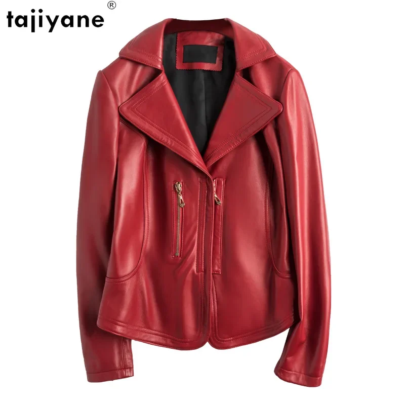 Tajiyane Veste en cuir véritable pour femme, manteau court mince en peau de mouton véritable, vestes en cuir rouge, nouvelle mode, 2023