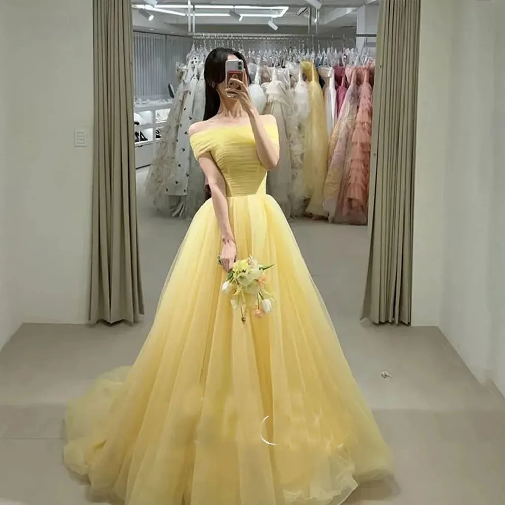 Yellow Detachable Shawl Wedding Dresses Korea Photo Shoot A Line Soft Tulle Bridal Gown Back Corset Customized