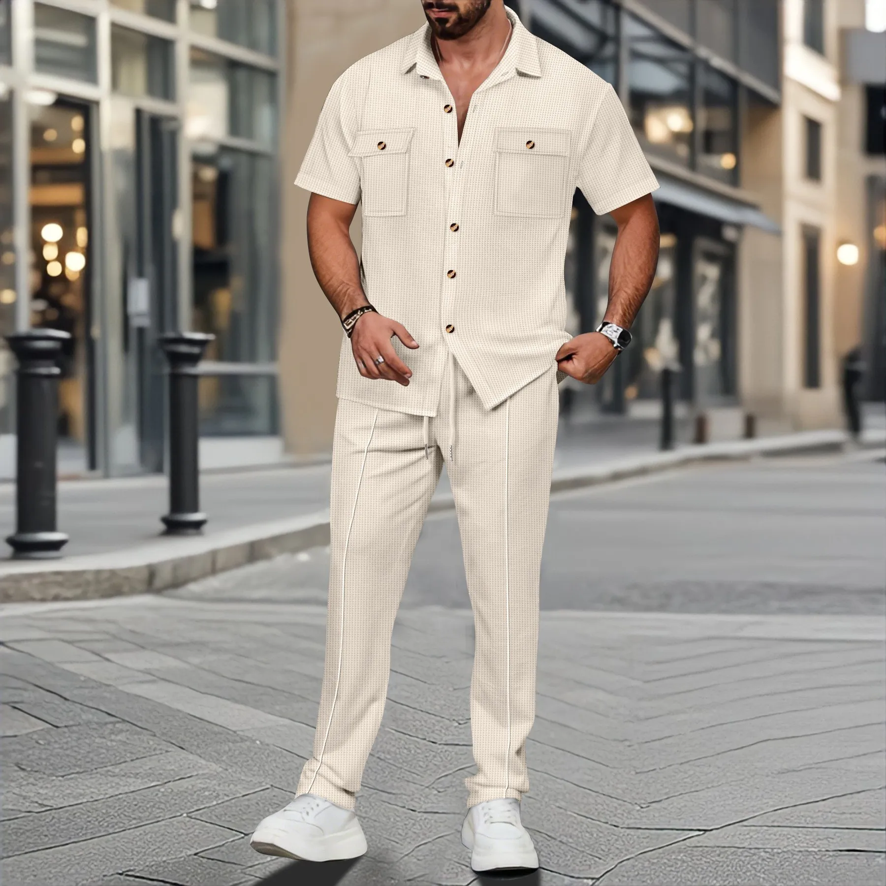 The new 2025 summer Europe and the United States men's casual solid color cardigan double pocket shirt short sleeve pants suit