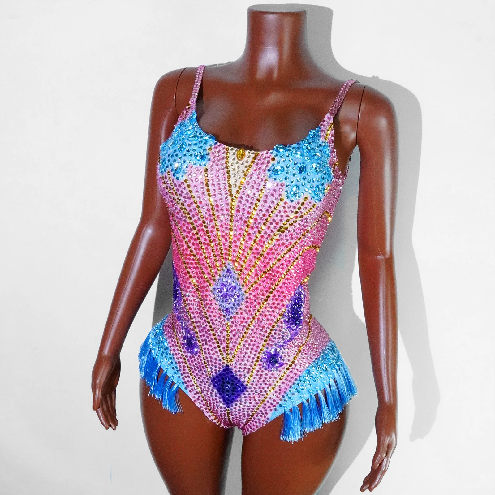 반짝 이는 라인 석 Tassel Strip Bodysuit 여성 섹시한 쇼 공연 댄스 의상 나이트 클럽 복장 가수 댄서 무대 착용