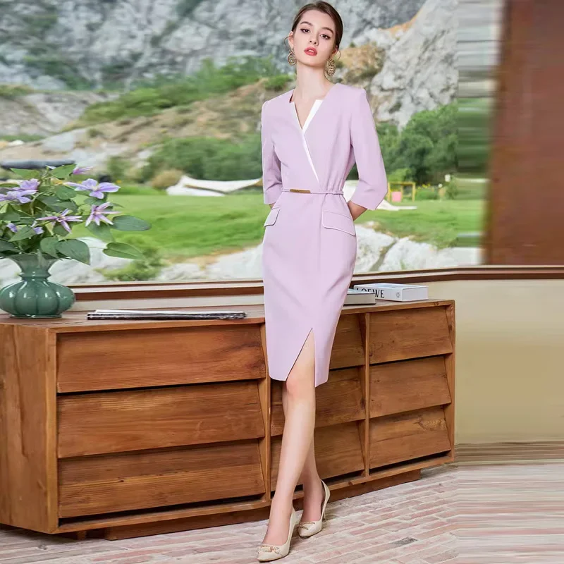 Suit For Women's Fashion Slim Patchwork Work Clothes Femael V Neck Beauty Formal OL Business Dress  vestidos de tricô femenino