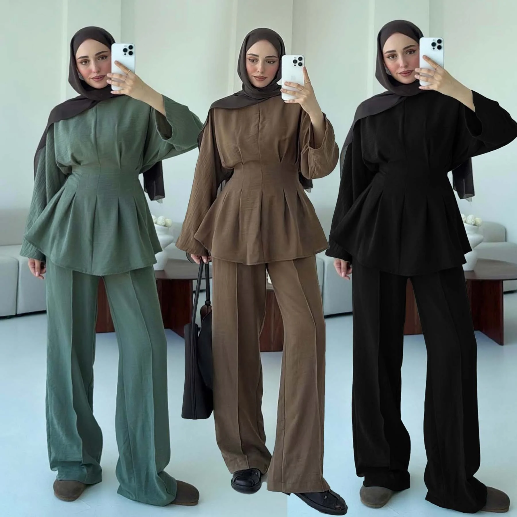 卸売 新ラマダン イード イスラム教徒向け 控えめなトルコ ドバイ アバヤ ジャズクレープ 女性用ムスリム カジュアルシャツブラウスとパンツのツーピースセット