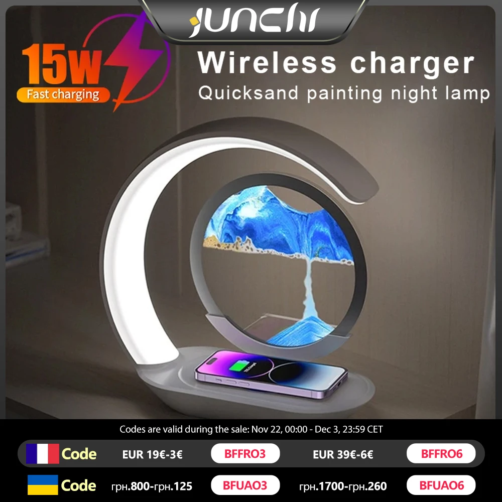 15W Wireless Charger with Quicksand Painting Night Lamp Table Top Decoration Fast Charging Station for iphone 16 Pro Max Charger