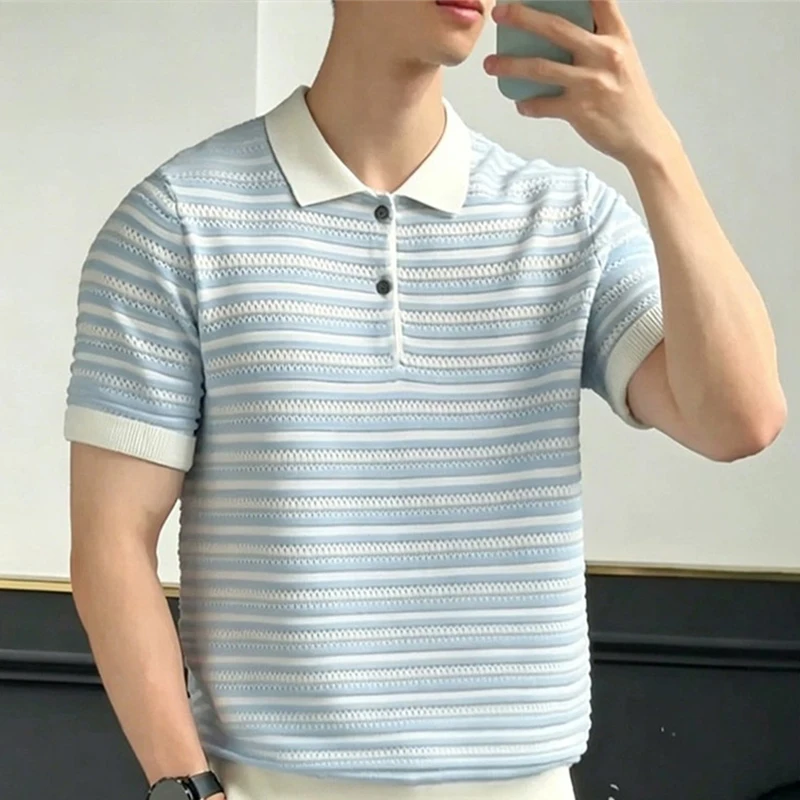 Summer Men's Luxury Retro Striped Short Sleeve Polo Shirts Classic High Street Knitted Y2K Polos Casual Turn-down T-shirts