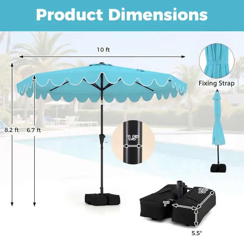 10 Ft Patio Umbrella, Double Tier Polyester Canopy With Heavy Duty Metal Ribs, Crank Tilt Mechanism, Includes Weighted Base And Sandbags, Outdoor Sun Shade For Deck Poolside Restaurant, Turquoise