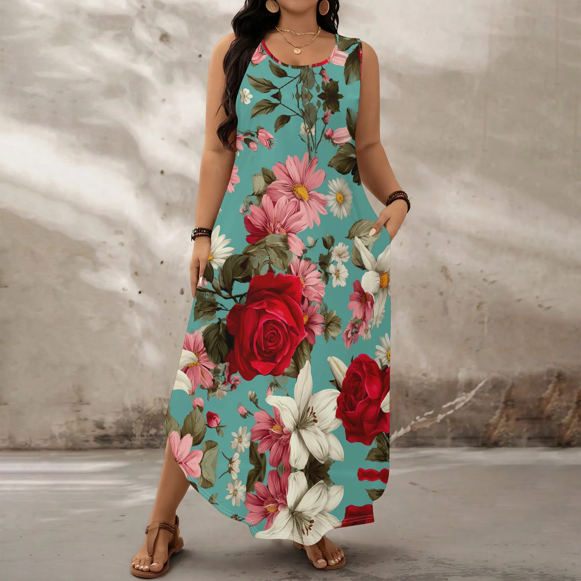 

Plus Size Floral Maxi Dress for Women | Loose Fit Sleeveless Bohemian Summer Gown with Pockets XL-6XL