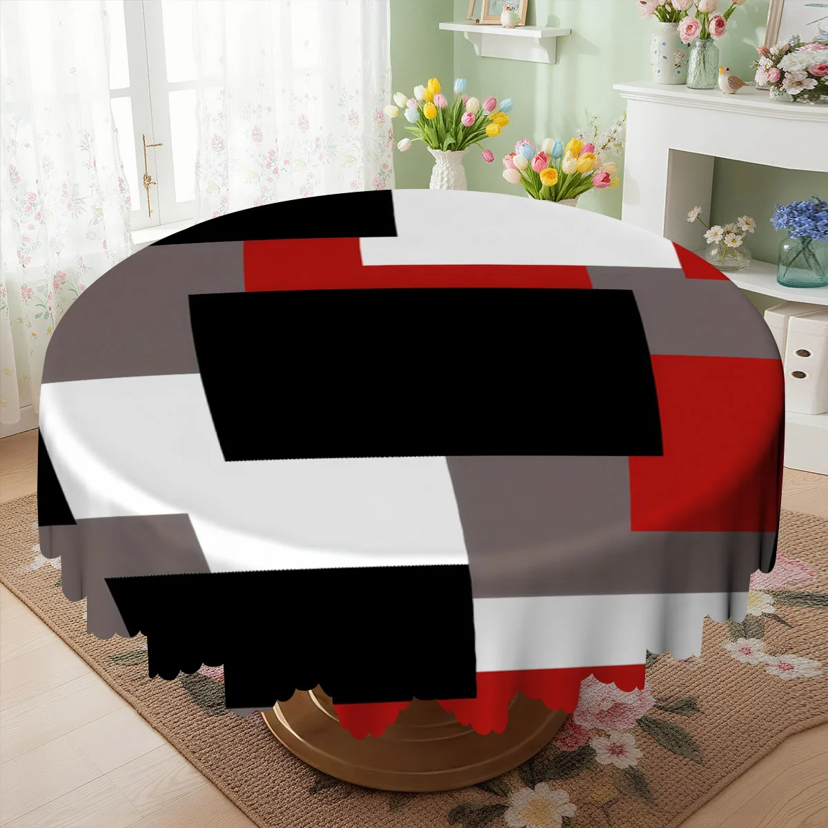1pc, modern geometric patterned tablecloth, featuring red, black, white and gray square patterns for a party setting