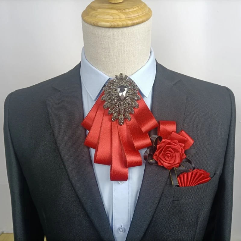 Luxo Rhinestone Bow Broche Set, Banquete de Negócios para Homens e Mulheres, Vestido de Noiva, Camisa Colarinho Acessórios, Original, 3 peças