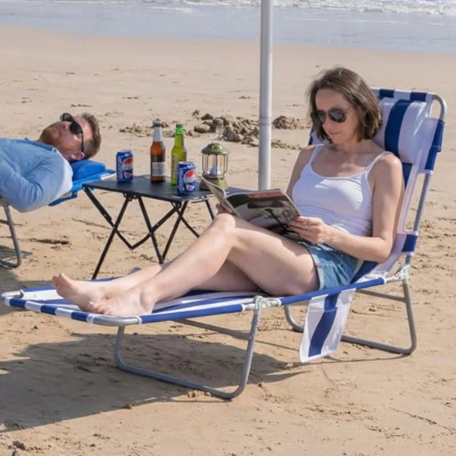 Beach poolside use, polyester fabric, navy blue, lightweight + adjustable reclining with arm slots and side pocket