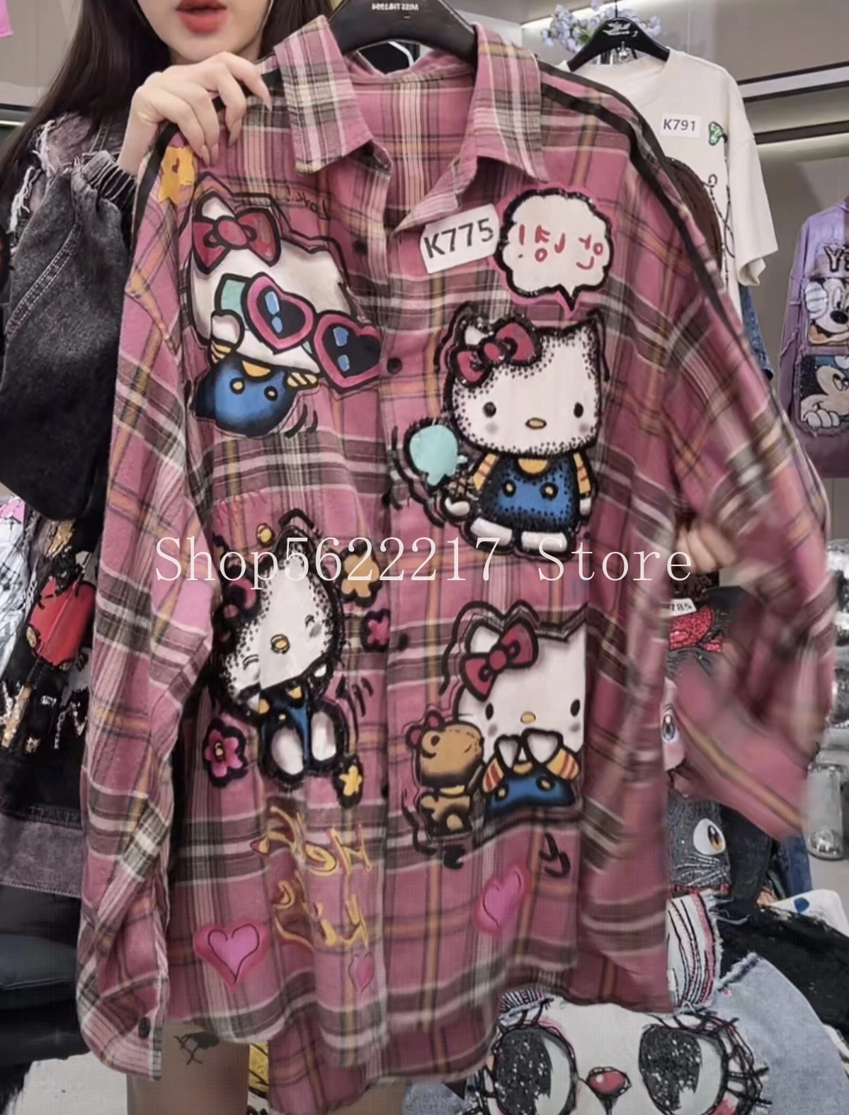 

Trendy Cute KT Cartoon Loose Cardigans Top New Autumn Oversize Long Sleeve Sweet Students Plaid Shirts Mid-long Pink Blouses