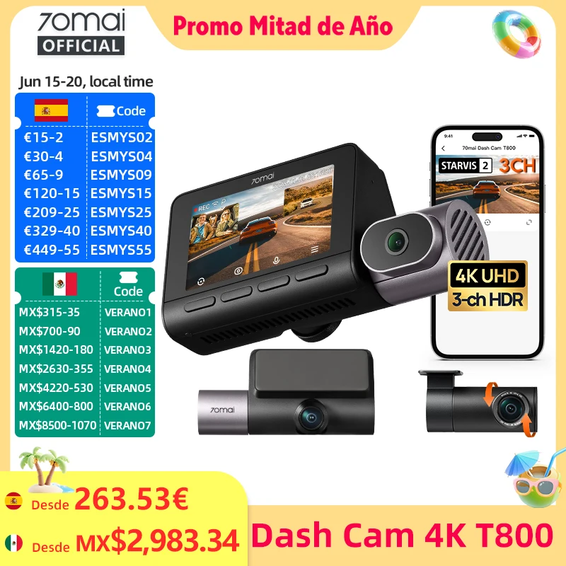 70mai Dash Cam 4K T800 supercondensador HDR de 3 canales registro