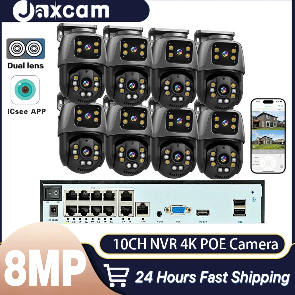 

ICsee 10CH 8MP POE PTZ CCTV Camera Kit System Poe H.265 NVR Kit 4K Motion Tracking Dual Lens POE Security Camera Kit System
