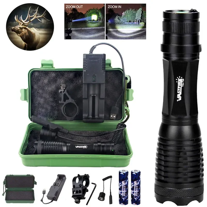 

Super Bright Flashlight Torch -High Power White Light Beam,Remote Switch 2pcs Rechargeable Batteries Hunting Camping Fishing